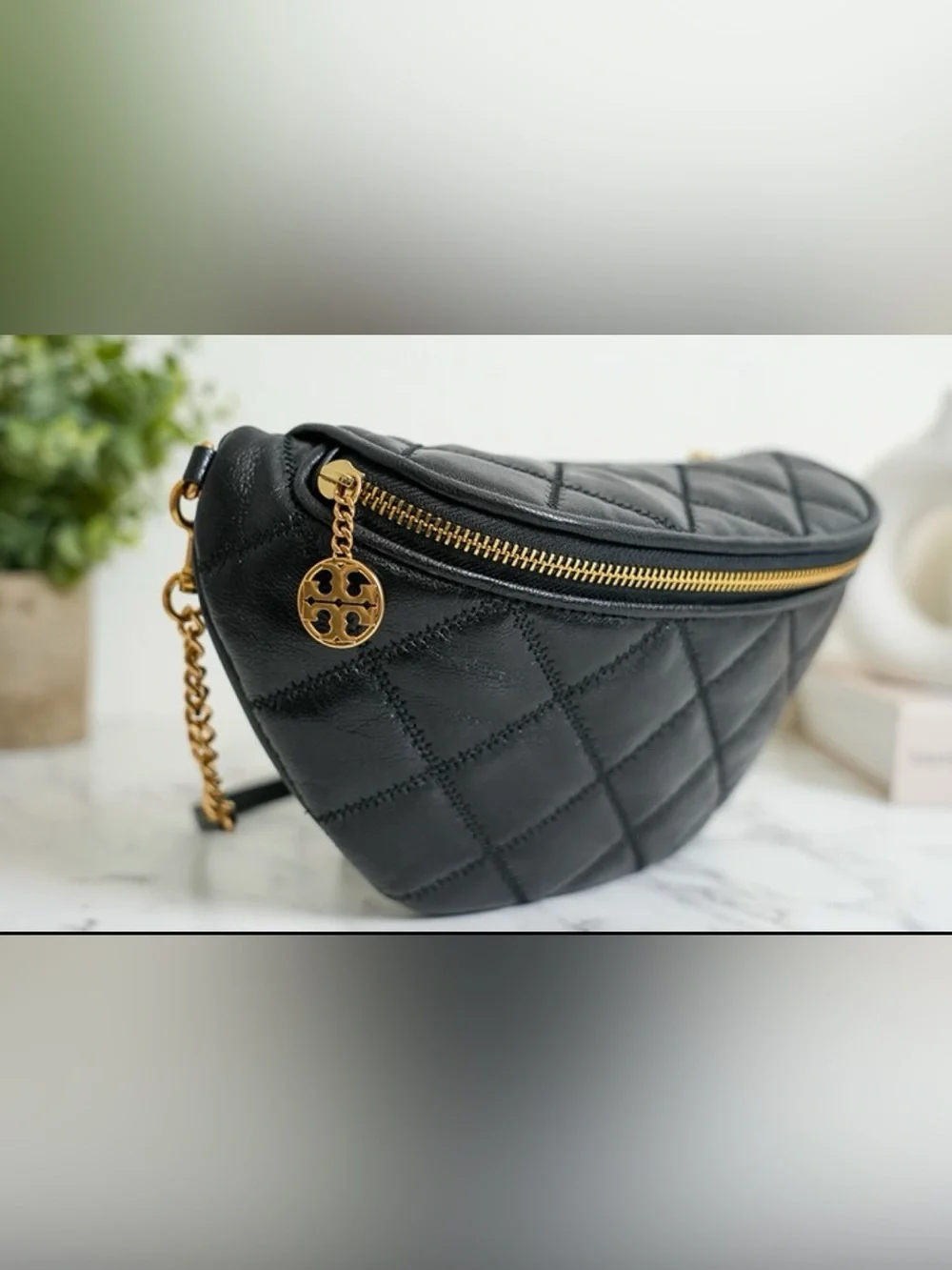 Tory Burch Black Quilted Leather Crossbody with Gold Hardware